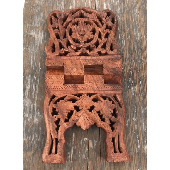 Vintage Teak Wood Book Stand Holder Hand Carved Kitchen Stand Fall Floral Leaf - Picture 2 of 10